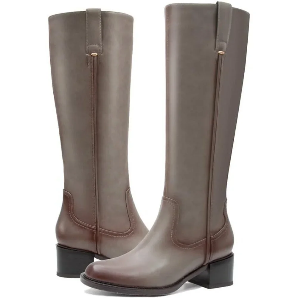 Women's Grey Chunky Low Block Heel Round Toe Faux Leather Knee High Boots